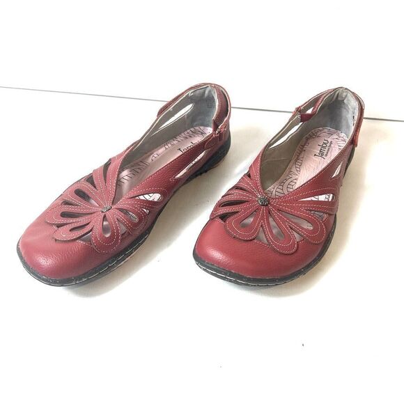Jambu Adventure Womens 9.5M Red Leather Flats Comfort Casual Floral Slip On Shoe - Picture 5 of 12